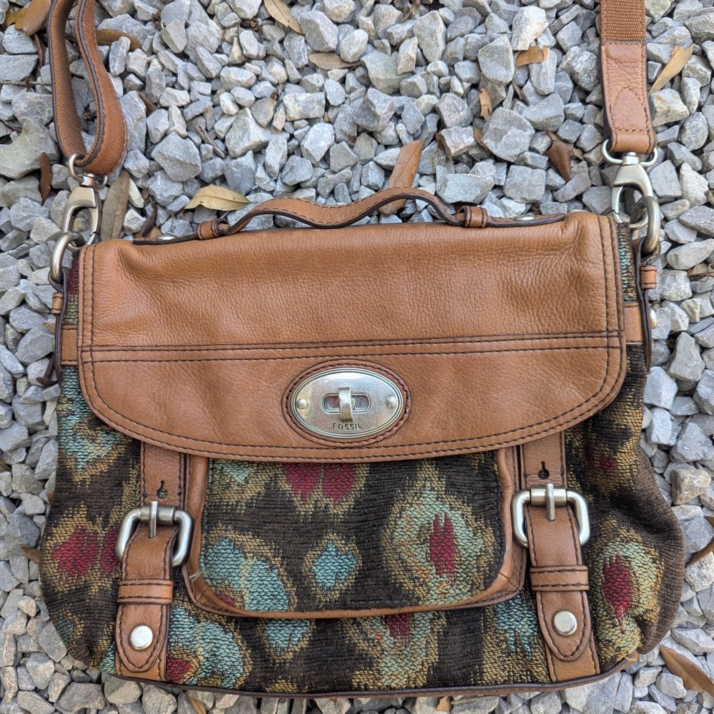 Fossil Ikat Tapestry Leather Crossbody Bag Purse Brown Buckle, Boho, Eclectic